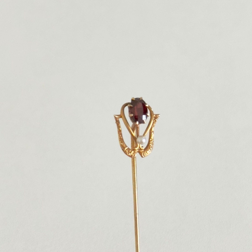Antique 14k Yellow Gold Garnet Seed Pearl Stick Pin - Picture 7 of 13